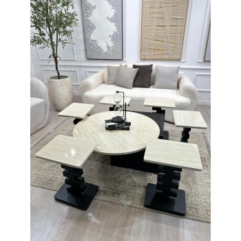 طقم طاولات 8قطع سطح بديل الرخام قاعده خشب سنديان اسود