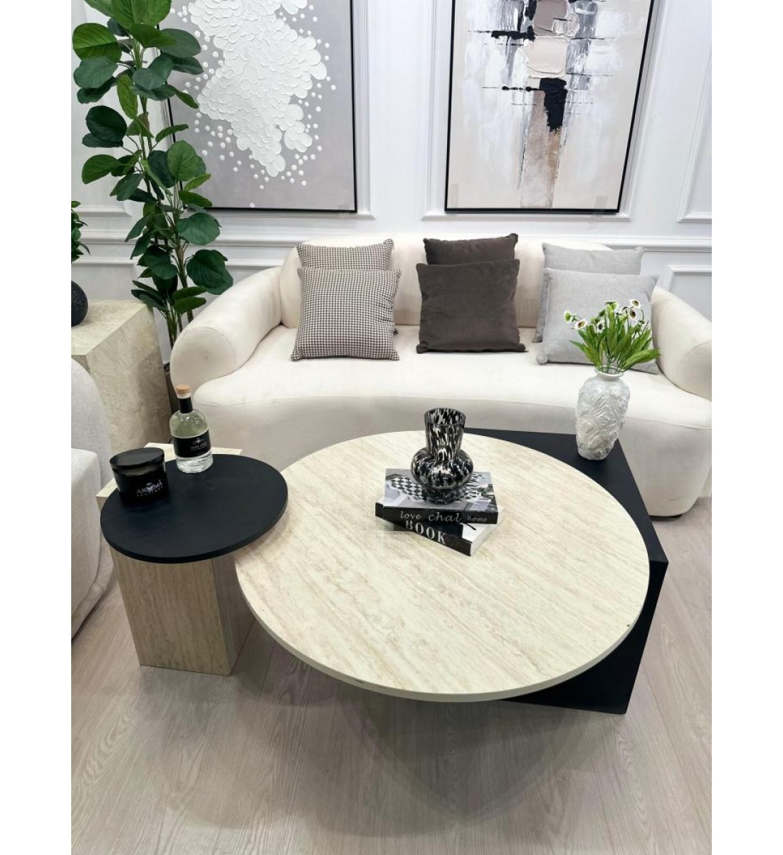 قطعتين طاولات تقديم سطح بديل الرخام قاعده خشب قشرة سنديان