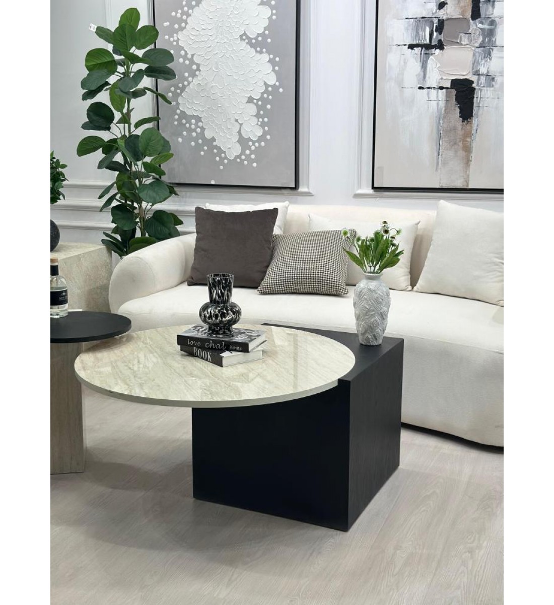 قطعتين طاولات تقديم سطح بديل الرخام قاعده خشب قشرة سنديان