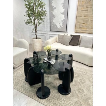 طقم طاولات 7قطع بسطح زجاج وقاعده خشب