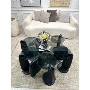 طقم طاولات 7قطع بسطح زجاج وقاعده خشب