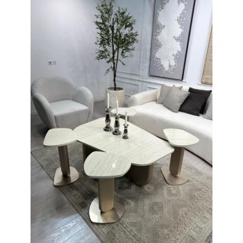 طقم طاولات 5قطع بسطح بديل رخام ترافنتينو وقاعدة خشب سطح ناعم  لون مكس