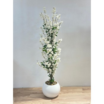 شجرة  بمركن ابيض صناعية طويلة مزهرة بأزهار صغيرة باللون الأبيض المائل إلى الكريمي 160سم 