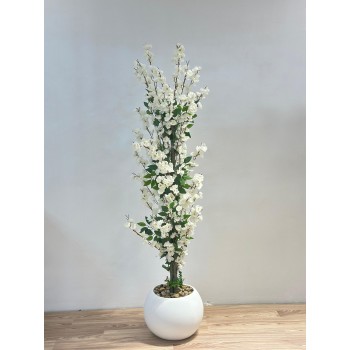 شجرة  بمركن ابيض صناعية طويلة مزهرة بأزهار صغيرة باللون الأبيض المائل إلى الكريمي 160سم 