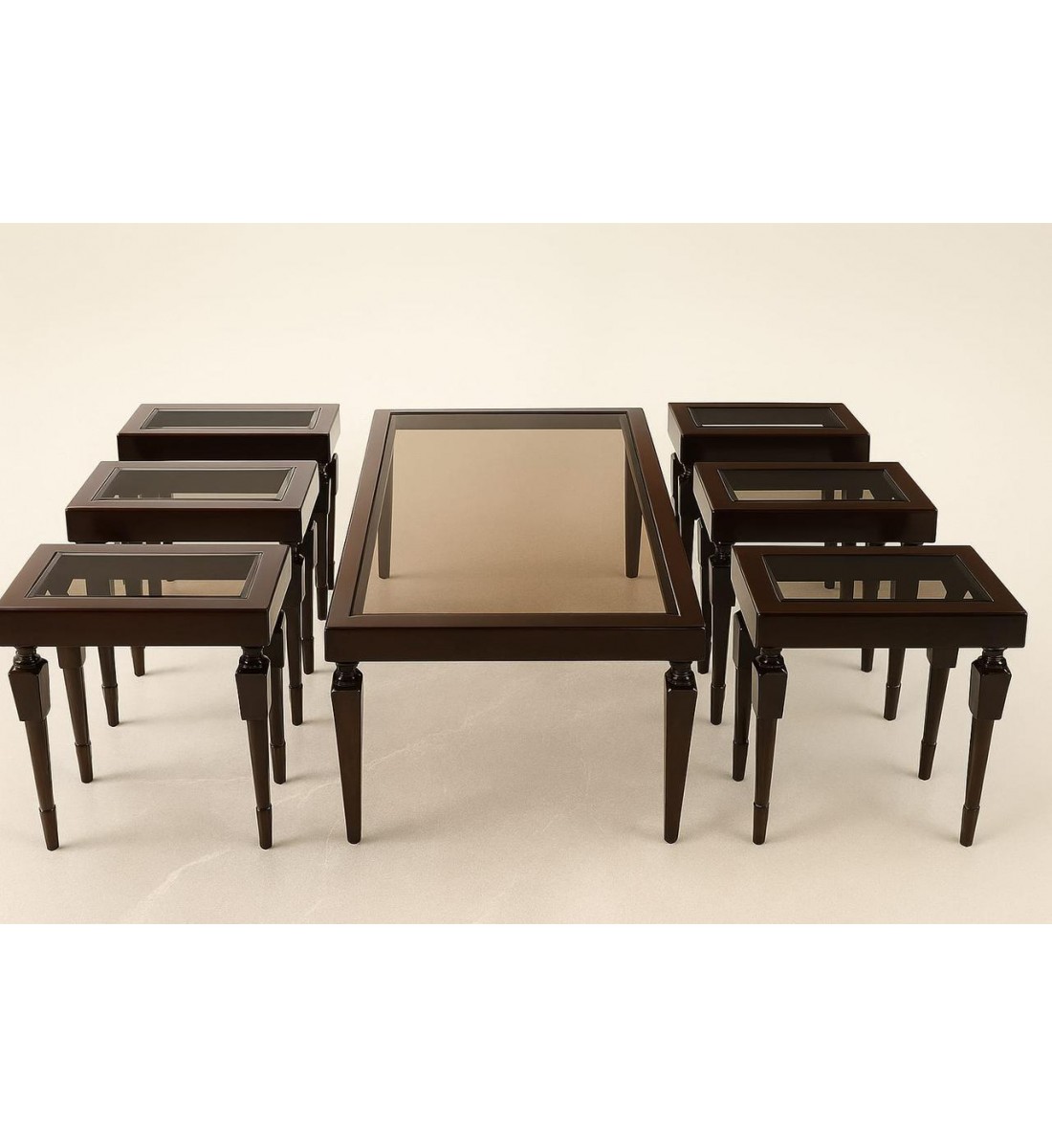 طقم طاولات 7 قطع بسطح زجاج وقاعدة خشب لون بني تصميم حديث وانيق طقم طاولات 7 قطع بسطح زجاج وقاعدة خشب لون بني تصميم حديث وانيق