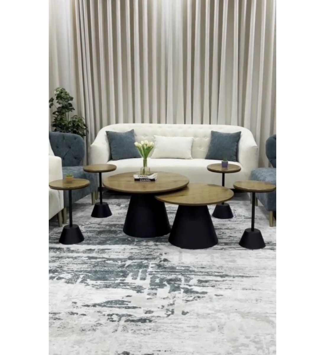 طقم طاولة قهوة دائرية من 6 قطع بسطح خشب وقاعدة حديد اسود طقم طاولة قهوة دائرية من 6 قطع بسطح خشب وقاعدة حديد اسود