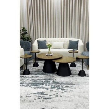 طقم طاولة قهوة دائرية من 6 قطع  بسطح خشب  وقاعدة حديد اسود 