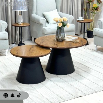 طقم طاولة قهوة دائرية من 6 قطع  بسطح خشب  وقاعدة حديد اسود 