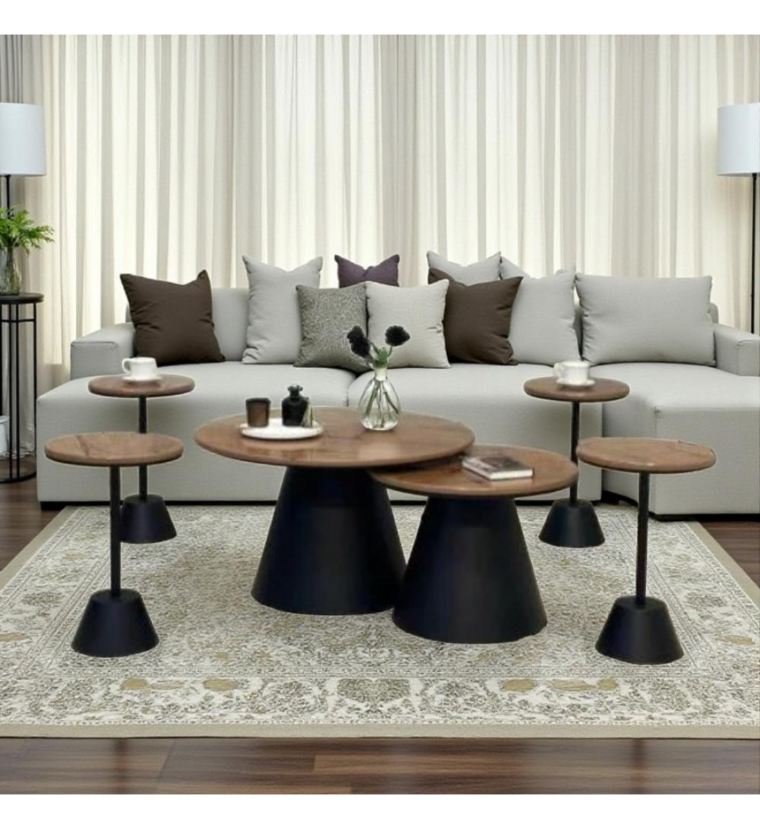 طقم طاولة قهوة دائرية من 6 قطع  بسطح خشب  وقاعدة حديد اسود 