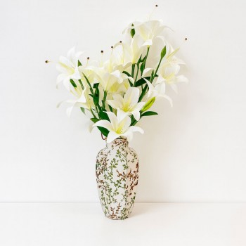 فازة سيراميك أنيقة مزخرفة بنقوش نباتية باللونين الأخضر والبني26×10×10سم 