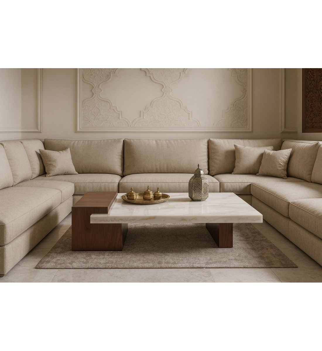 طاولة قهوة بسطح خشب ورخام 50×180×90سم (منتج تفصيل ) طاولة قهوة بسطح خشب ورخام 50×180×90سم (منتج تفصيل )