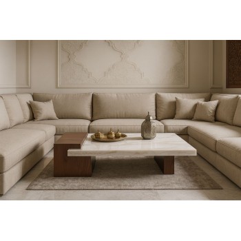 طاولة قهوة بسطح  خشب ورخام 50×180×90سم (منتج تفصيل )