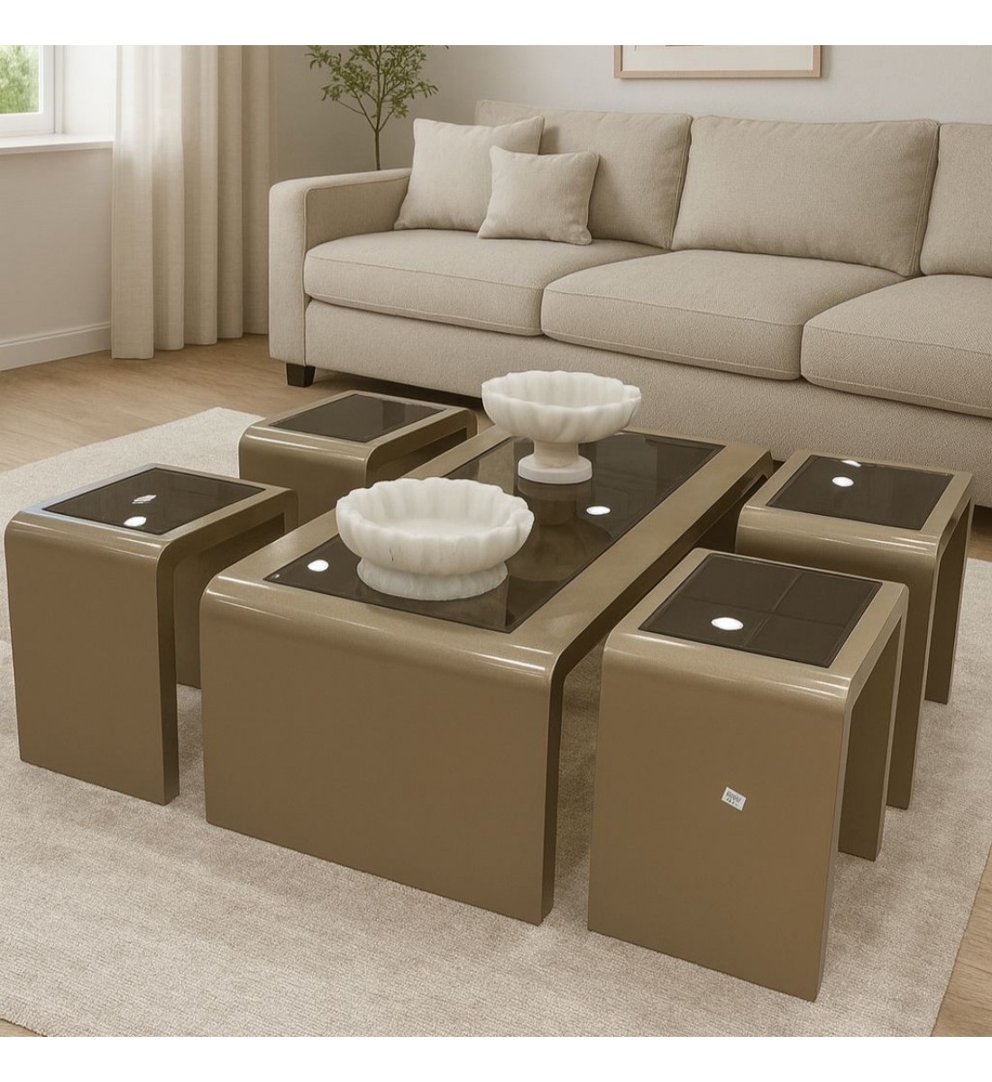 طقم طاولات عصري فخم خشب سطح زجاج 5قطع 