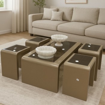 طقم طاولات عصري فخم خشب سطح زجاج 5قطع 