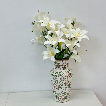 فازة سيراميك أنيقة مزخرفة بنقوش نباتية باللونين الأخضر والبني30×10×10سم 