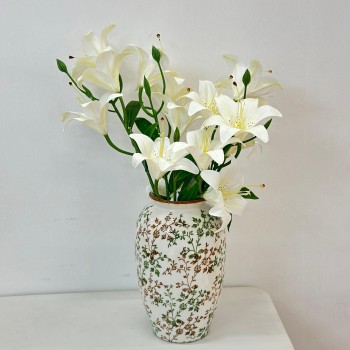 فازة سيراميك أنيقة مزخرفة بنقوش نباتية باللونين الأخضر والبني30×12×12سم 