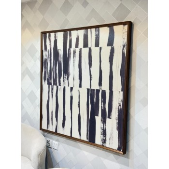 لوحة جدارية تجريدية بخطوط عصرية بالأسود على خلفية بيضاء، مع إطار خشبي  120×120سم 