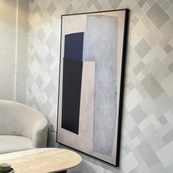 Contemporary abstract artwork framed in a thin black frame, featuring a geometric composition 100 x 150 cm Contemporary abstract artwork framed in a thin black frame, featuring a geometric composition 100 x 150 cm