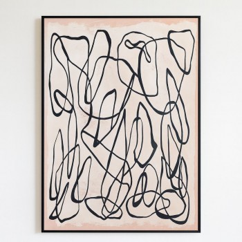 لوحة فنية تجريدية بإطار أسود نحيف، تتميز بخطوط سوداء عشوائية ملتفة ومتداخلة  100×150سم 