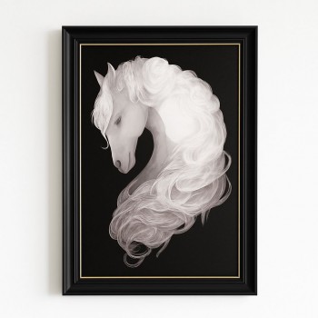 لوحة فنية مميزة بإطار أسود أنيق مع خط ذهبي رفيع من الداخل، تجسّد جمال الحصان الأبيض 130×90سم 
