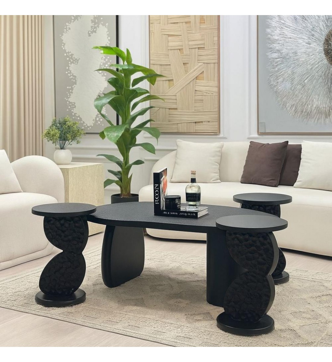 طقم طاولات 5قطع سطح بديل الرخام الحجري قاعده خشب لون اسود(منتج تفصيل )