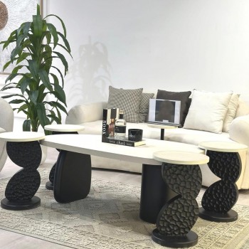 طقم طاولات 5قطع سطح بديل الرخام الحجري قاعده خشب لون اسود (منتج تفصيل )