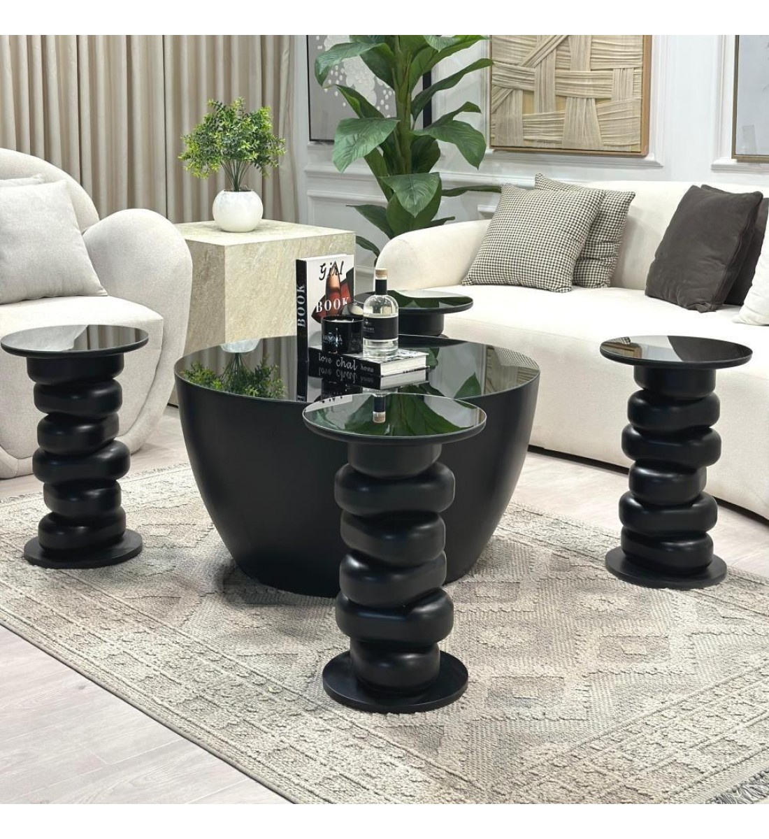 طقم طاولات 5قطع بسطح مرايا وقاعدة خشب(منتج تفصيل )