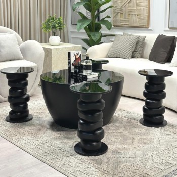 طقم طاولات 5قطع بسطح مرايا وقاعدة خشب(منتج تفصيل )