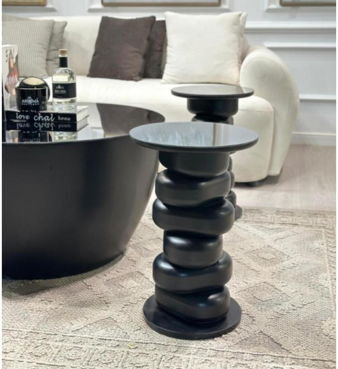 طقم طاولات 5قطع بسطح مرايا وقاعدة خشب(منتج تفصيل )