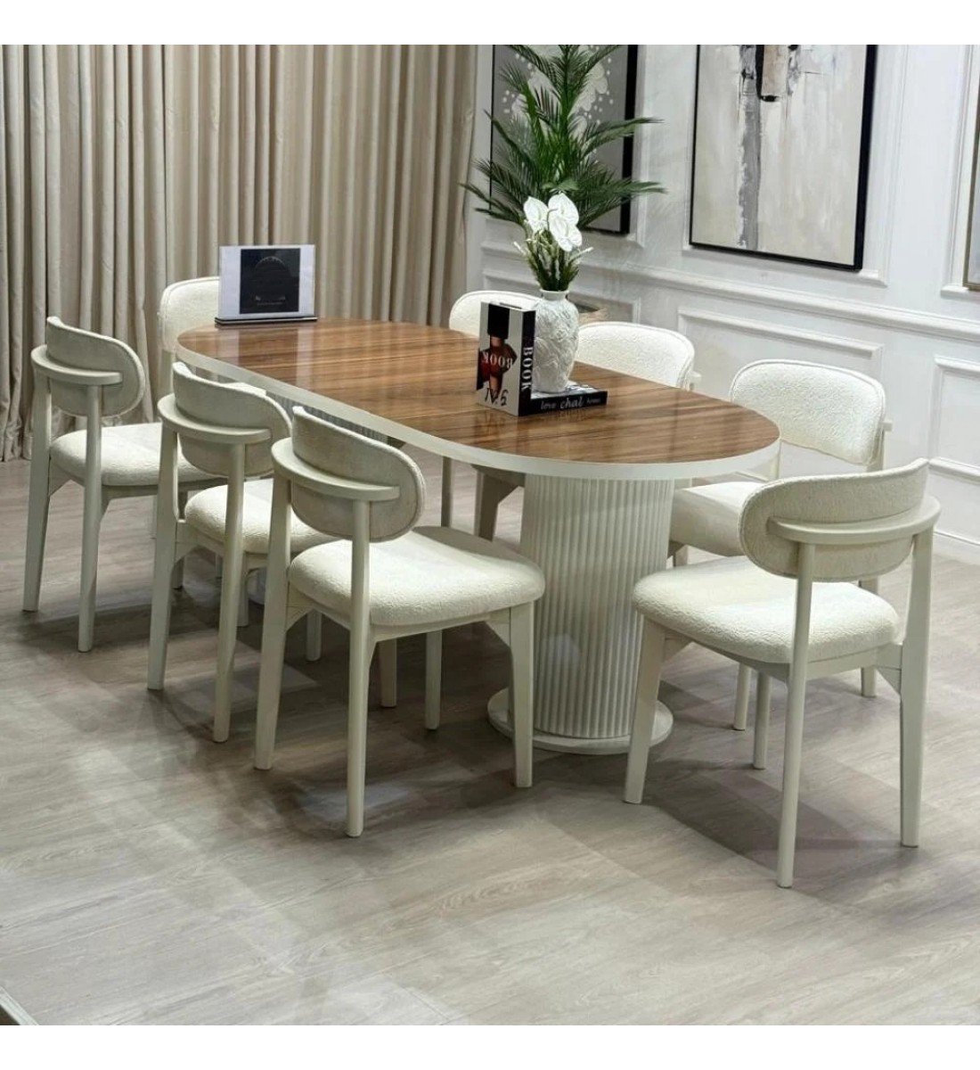 طاولة طعام 8كراسي سطح جوز قاعده خشب