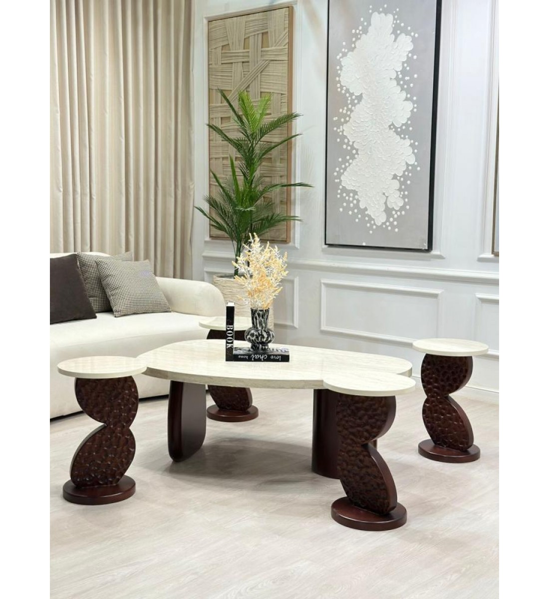 طقم طاولات 5قطع سطح بديل الرخام الحجري قاعده خشب لون بني  (منتج تفصيل )