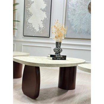 طقم طاولات 5قطع سطح بديل الرخام الحجري قاعده خشب لون بني  (منتج تفصيل )