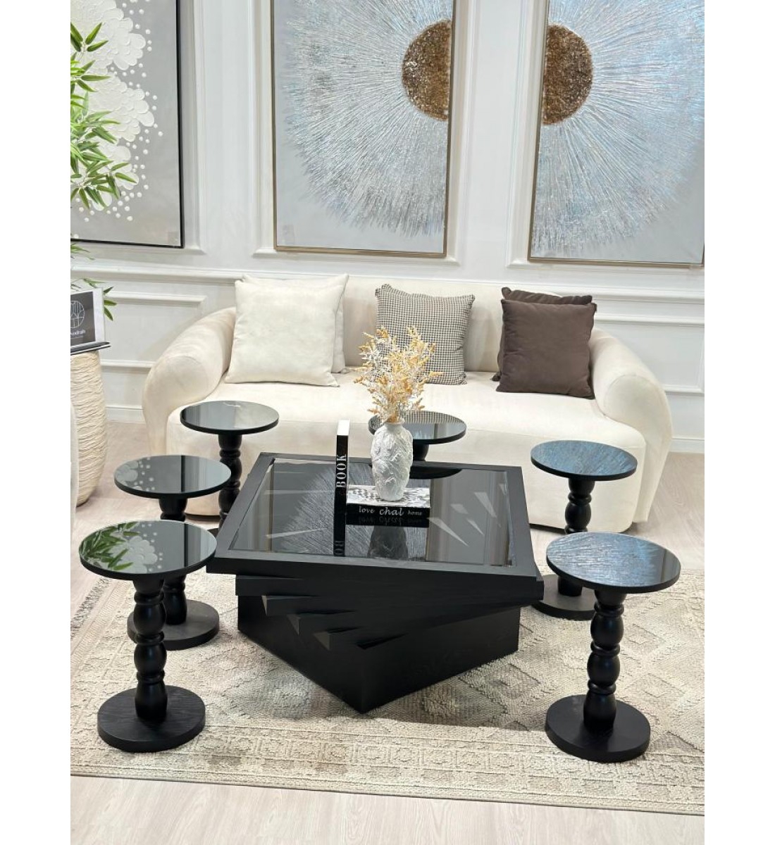 طاولات تقديم مربع سنديان لون اسود 7 قطع  (منتج تفصيل )