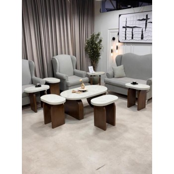 طقم طاولات 5قطع سطح بديل الرخام  قاعده خشب لون بني  (منتج تفصيل )