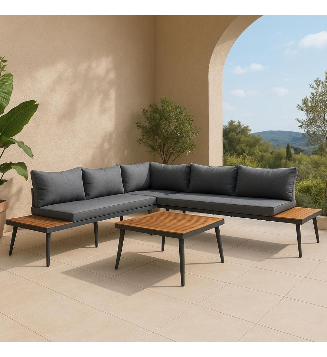 طقم جلسة خارجية حديد ،5 أشخاص مع مسند للظهر زاوية  حرف L+طاولة قهوة