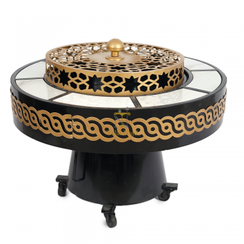 منقل دائري قاعدة حديد لون اسود وديكور قص ليزر لون ذهبي مع كفرات