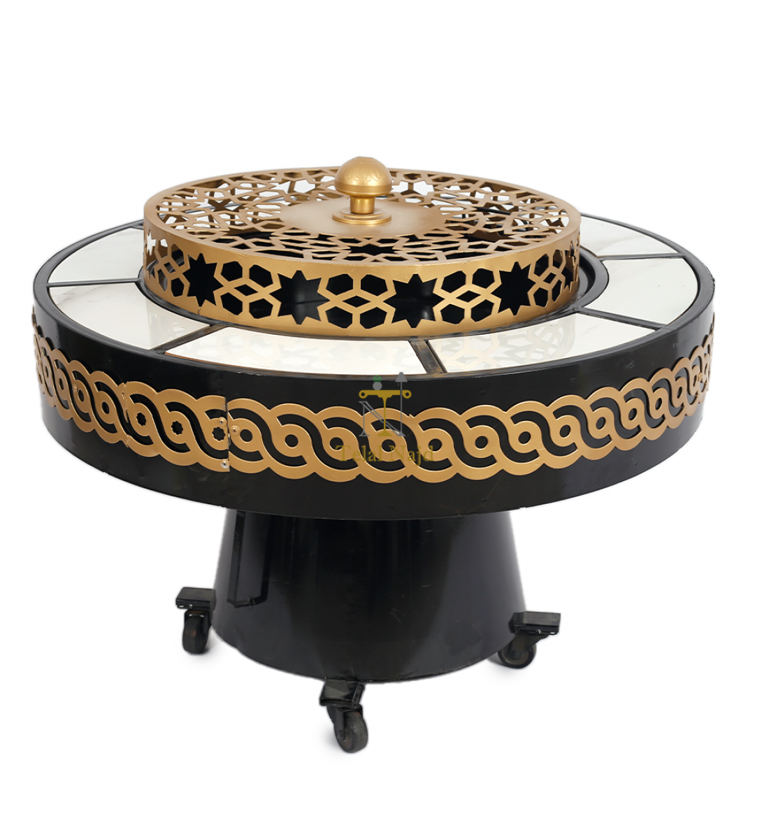 منقل دائري قاعدة حديد لون اسود وديكور قص ليزر لون ذهبي مع كفرات