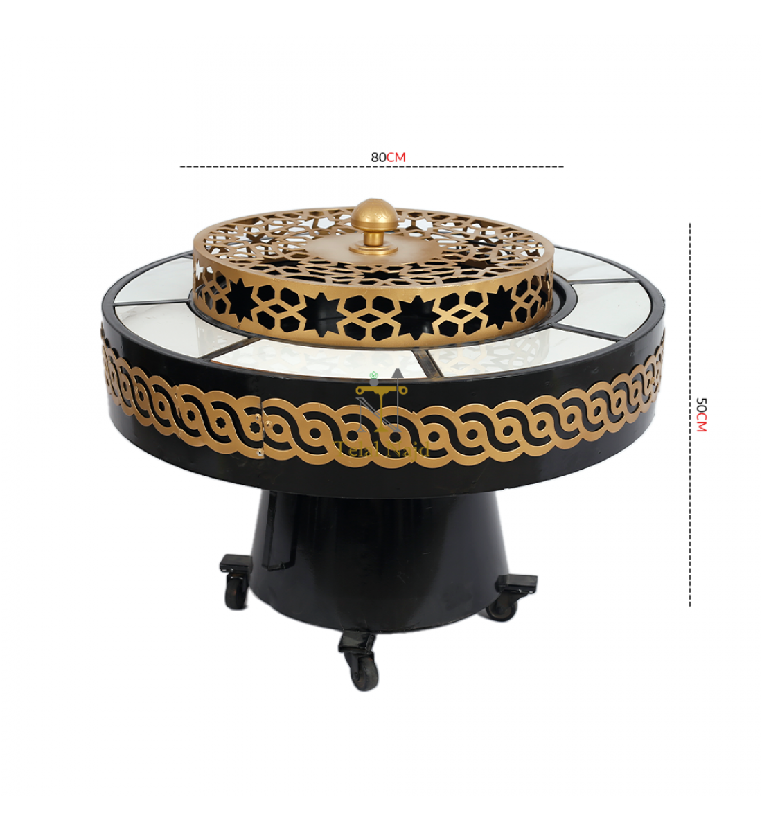منقل دائري قاعدة حديد لون اسود وديكور قص ليزر لون ذهبي مع كفرات