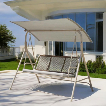 مرجيحة حديقة بثلاثة مقاعد ومظلة - أرجوحة خارجية للحدائق والتراسات - تصميم أنيق بلون شامبانيا