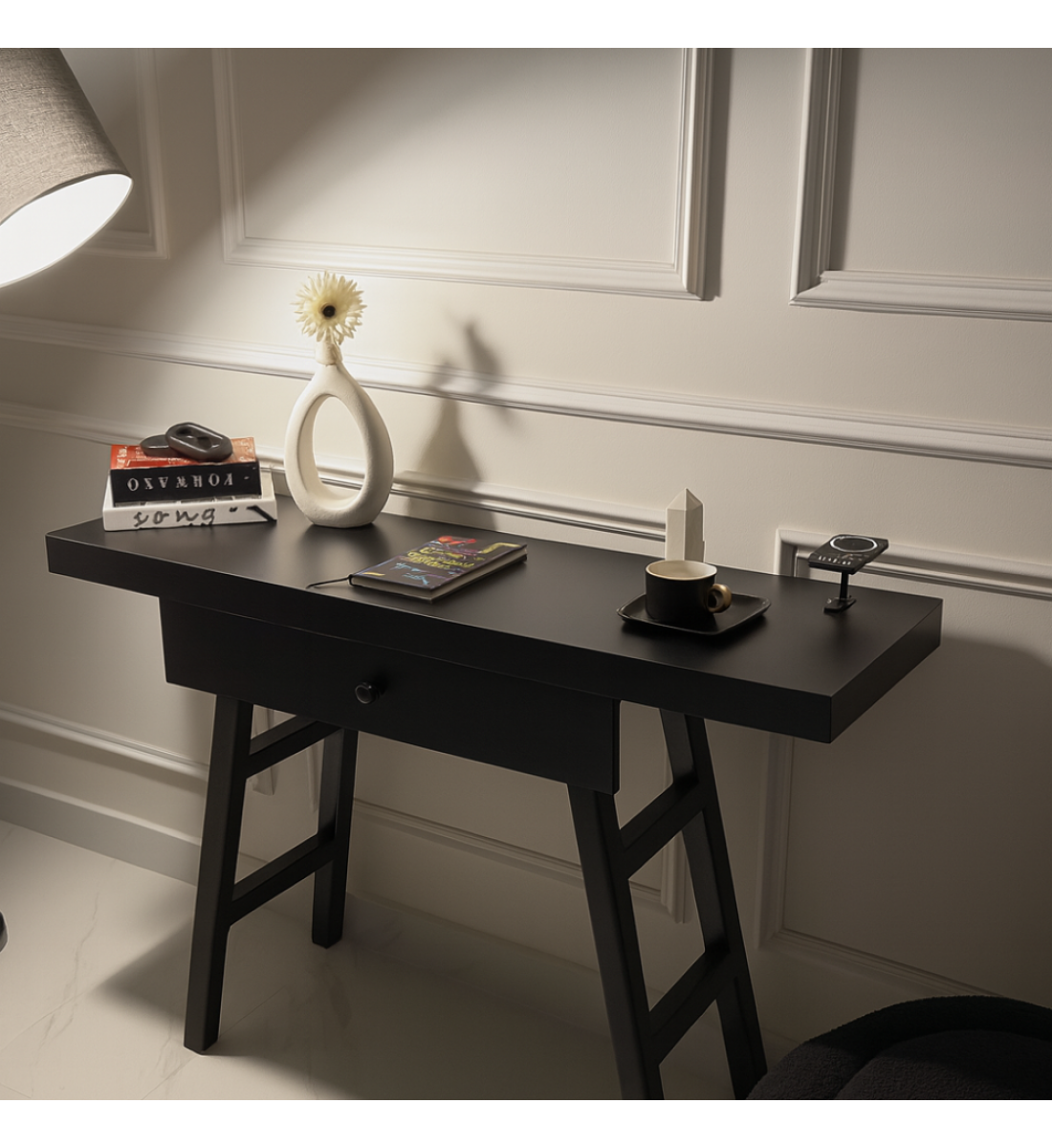 طاولة مدخل او  كونسول خشب أسود مع درج مقاس 110*35*90 سم 