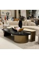 طقم طاولات وسط “أوبرا” بتصميم فاخر مزدوج – خشب داكن ورخام بيج بقاعدة ذهبية
