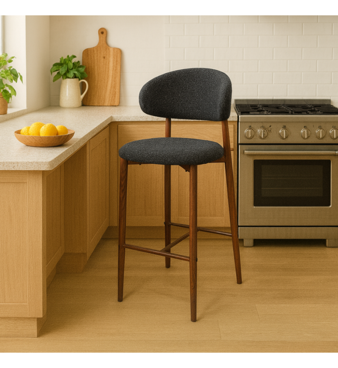 كرسي بار بتصميم عصري يجمع بين الخشب الطبيعي والمقعد المبطّن لراحة وأناقة استثنائية. قماش بوكيلة كرسي بار بتصميم عصري يجمع بين الخشب الطبيعي والمقعد المبطّن لراحة وأناقة استثنائية. قماش بوكيلة