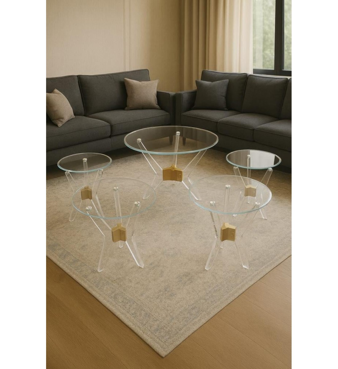 طقم طاولات قهوة وشاهي 5قطعة زجاج مع قواعد اكريلك