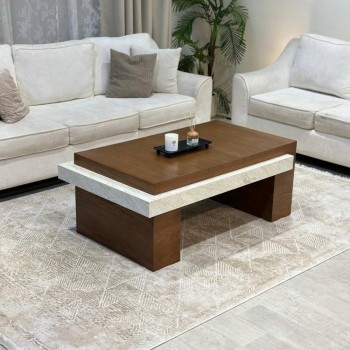 طاولة تقديم خشب سنديان بني بتفاصيل رخامية – تصميم أنيق وفاخر