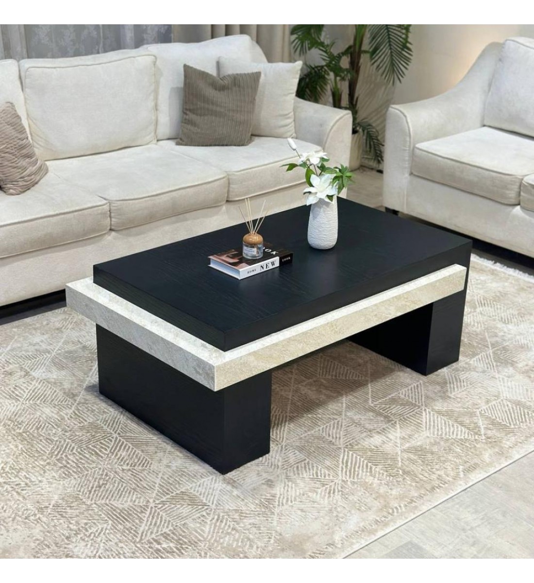 طاولة تقديم خشب سنديان اسود  بتفاصيل رخامية – تصميم أنيق وفاخر