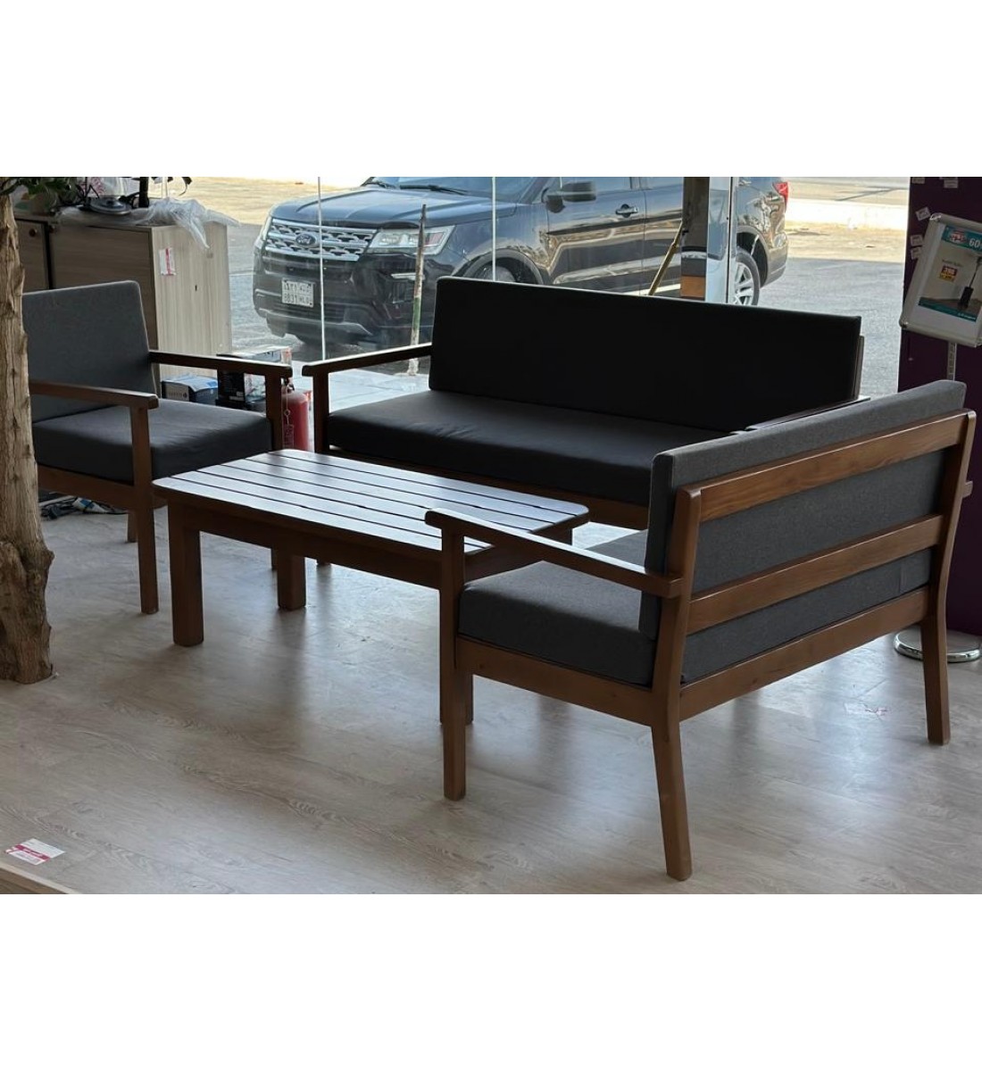 طقم جلسة خارجية رمادي  كراسي خشب  ،6أشخاص +طاولة خدمة