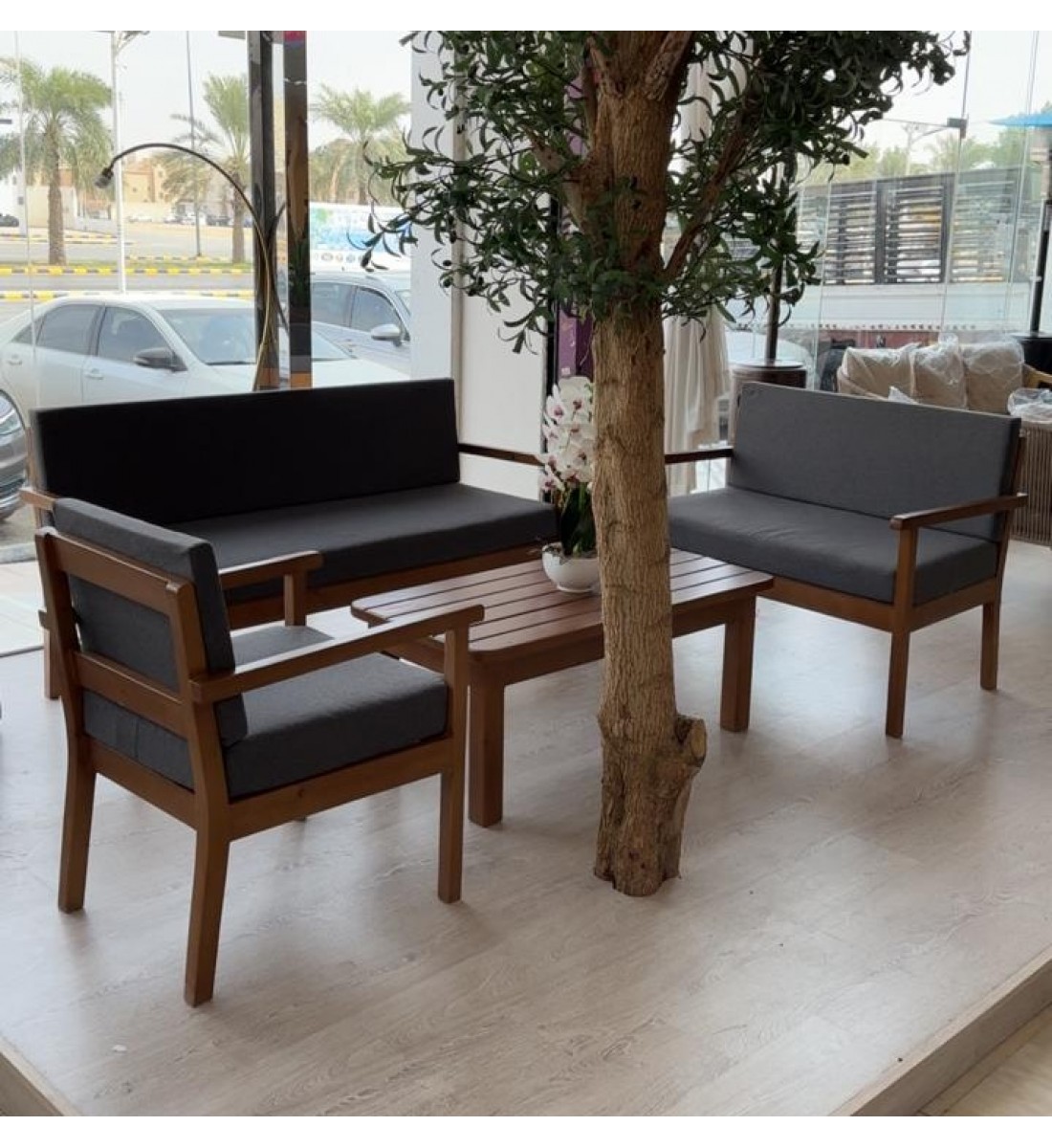 طقم جلسة خارجية رمادي  كراسي خشب  ،6أشخاص +طاولة خدمة