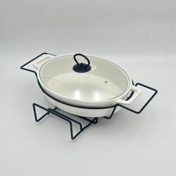 سخان بوفية صحن تقديم سيراميك لتسخين الطعام مزود بغطاء بتصميم فريد30سم 