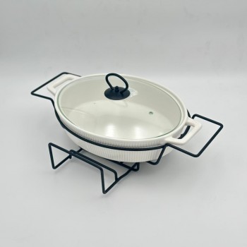 سخان بوفية صحن تقديم سيراميك لتسخين الطعام مزود بغطاء بتصميم فريد30سم 