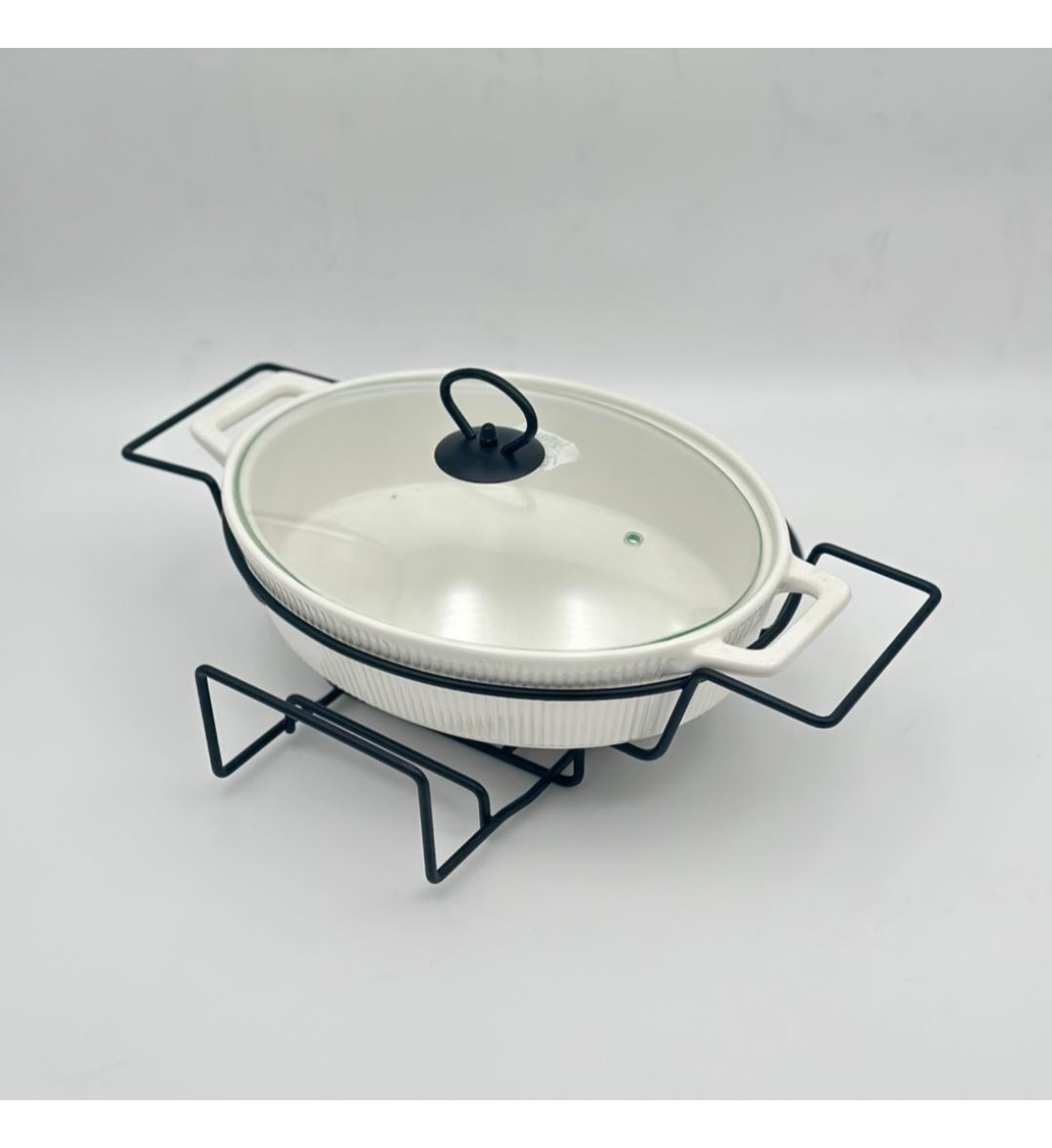 سخان بوفية صحن تقديم سيراميك لتسخين الطعام مزود بغطاء بتصميم فريد30سم 